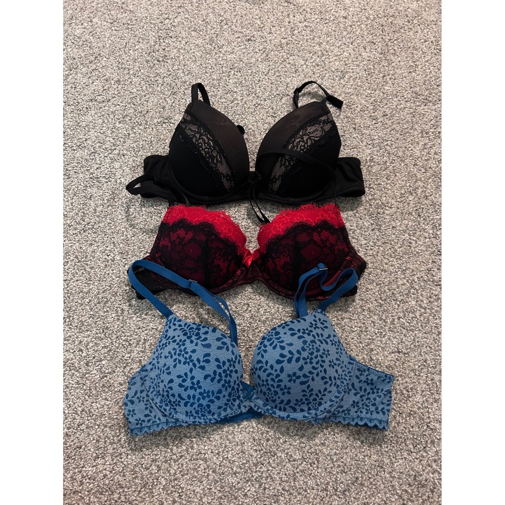 Adore Me Lace Push Up Balconette Bra Bundle Set of 3 Black Red Blue 34A
